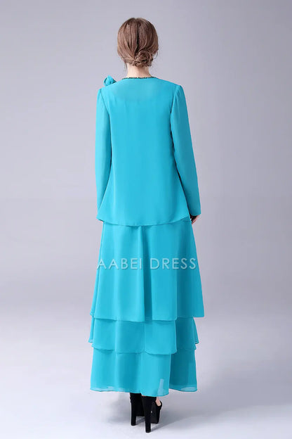 AABEI DRESS Wedding Guests Dresses Mom's Formal Dress A-Line Scoop Neck With Long Sleeves Jacket Two-Piece Set Chiffon Layering Ruched Elegant Long Mother of the Bride Dress