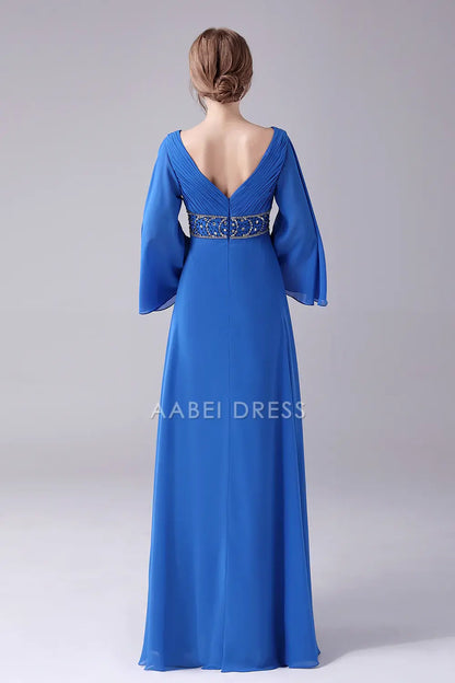 AABEI DRESS Wedding Guests Dresses Mom's Formal Dress A-Line V-Neck Flutter Long Sleeves Flare Sleeve Pleated With Beading V Back Gorgeous Long Mother of the Bride Dress