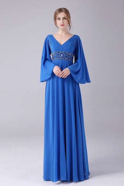 AABEI DRESS Wedding Guests Dresses Mom's Formal Dress A-Line V-Neck Flutter Long Sleeves Flare Sleeve Pleated With Beading V Back Gorgeous Long Mother of the Bride Dress