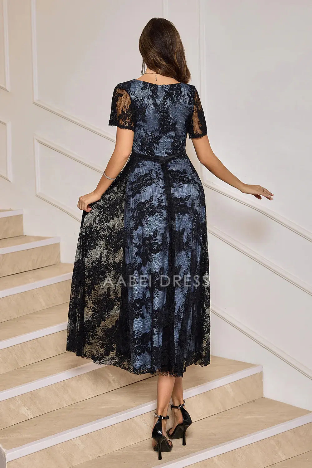 AABEI DRESS Wedding Guests Dresses Mom's Formal Dress A-Line V-Neck Short Sleeves Tea-Length Retro Lace Exquisite Mother of the Bride Dress