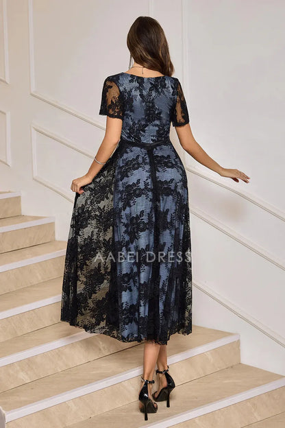 AABEI DRESS Wedding Guests Dresses Mom's Formal Dress A-Line V-Neck Short Sleeves Tea-Length Retro Lace Exquisite Mother of the Bride Dress
