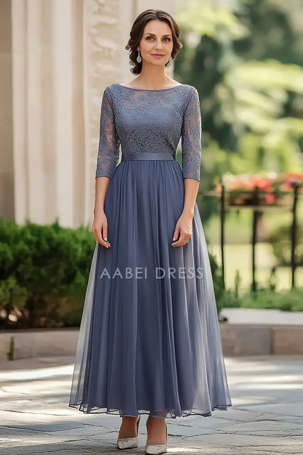AABEI DRESS Wedding Guests Dresses Mom's Formal Dress A Line Boat Collar 3/4 Sleeve Lace Top Long Retro Elegant Mother of the Bride Dress