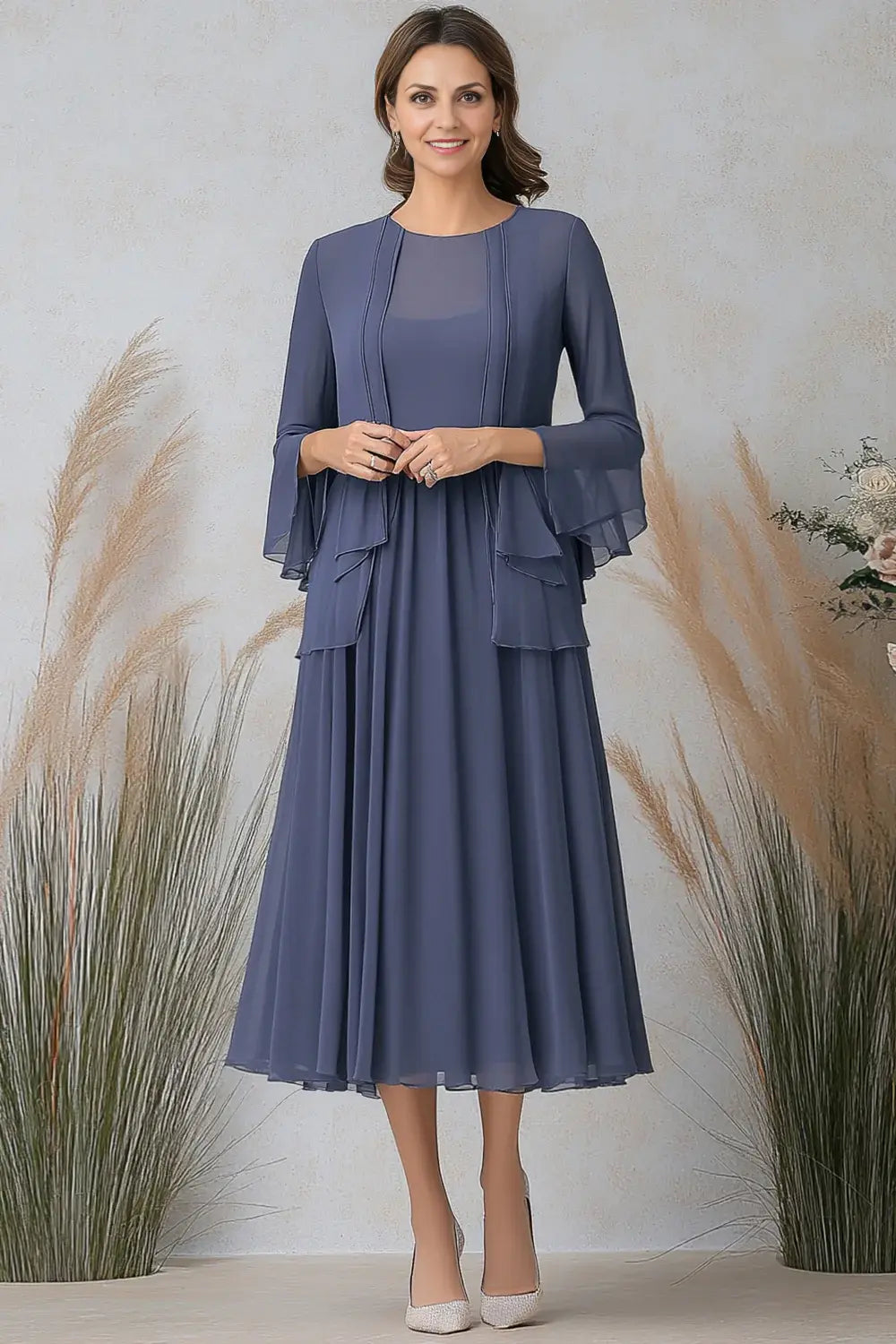 AABEI DRESS Wedding Guests Dresses Mom's Formal Dress A Line Round Neck Long Sleeves Jacket Two-Piece Ruched Elegant Simple Mother of the Bride Dress