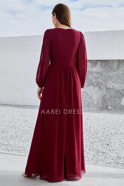 AABEI DRESS Wedding Guests Dresses Mom's Formal Dress A Line V Neck Long Sleeves Pleated Waist With Sequin Applique Elegant Mother of the Bride Dress