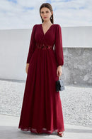 AABEI DRESS Wedding Guests Dresses Mom's Formal Dress A Line V Neck Long Sleeves Pleated Waist With Sequin Applique Elegant Mother of the Bride Dress
