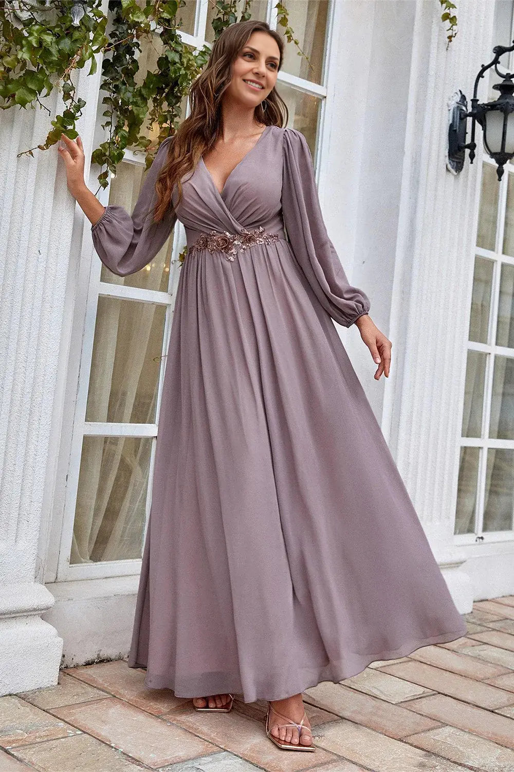 AABEI DRESS Wedding Guests Dresses Mom's Formal Dress A Line V Neck Long Sleeves Pleated Waist With Sequin Applique Fashion Retro Mother of the Bride Dress