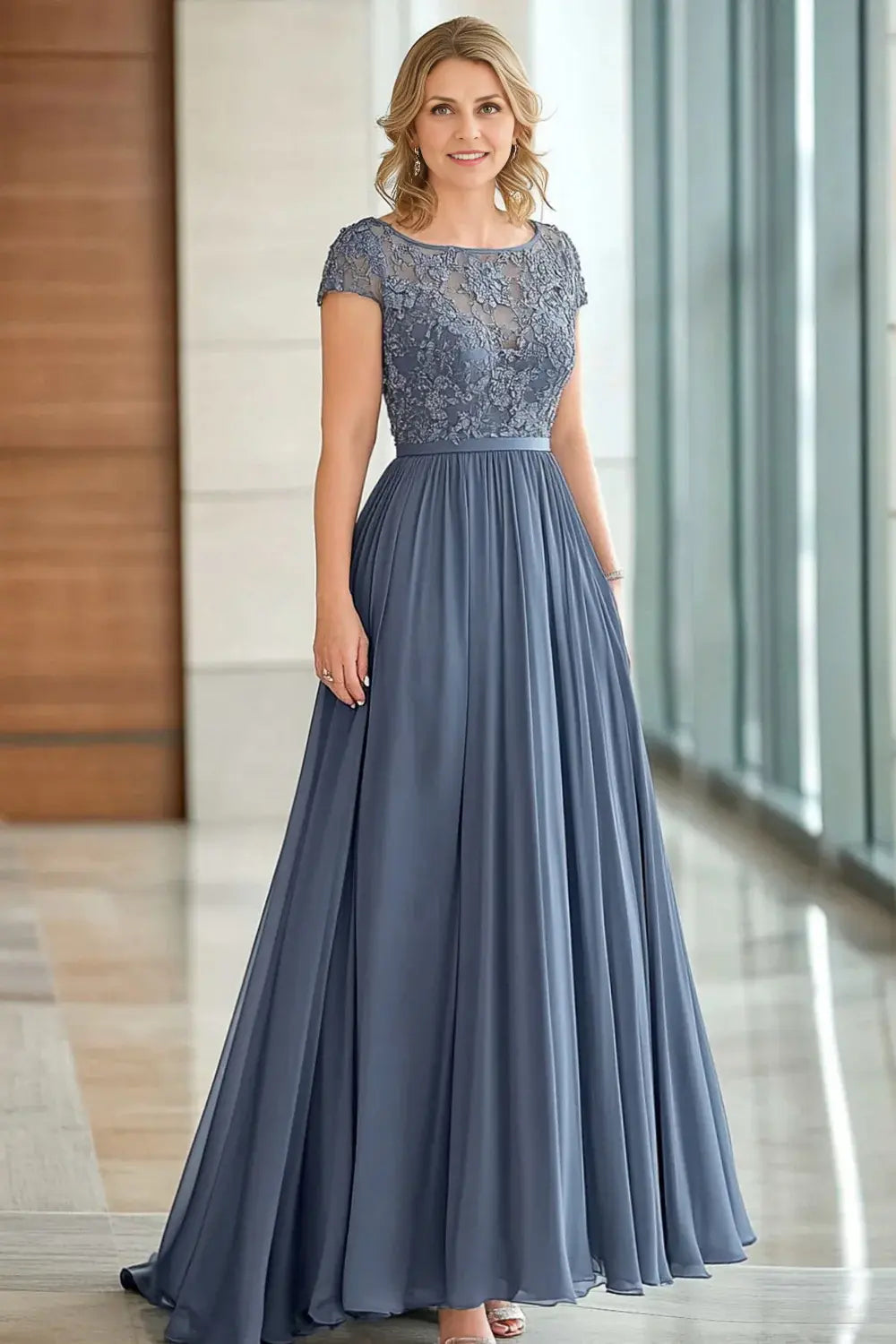 AABEI DRESS Wedding Guests Dresses Mom's Formal Dress Elegant A Line Round Neck Short Sleeves Lace Appliques Ruched Exquisite Mother of the Bride Dress