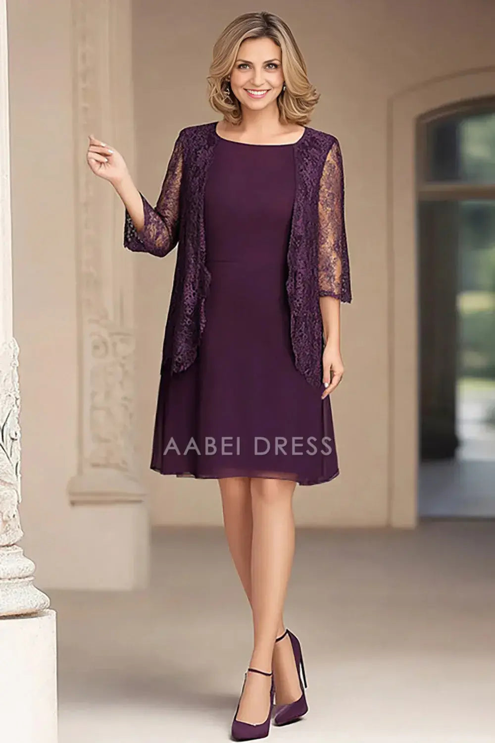 AABEI DRESS Wedding Guests Dresses Mom's Formal Dress Elegant Chiffon A-Line Square Neck Lace Jacket Two-Piece Elegant Mother of the Bride Dress