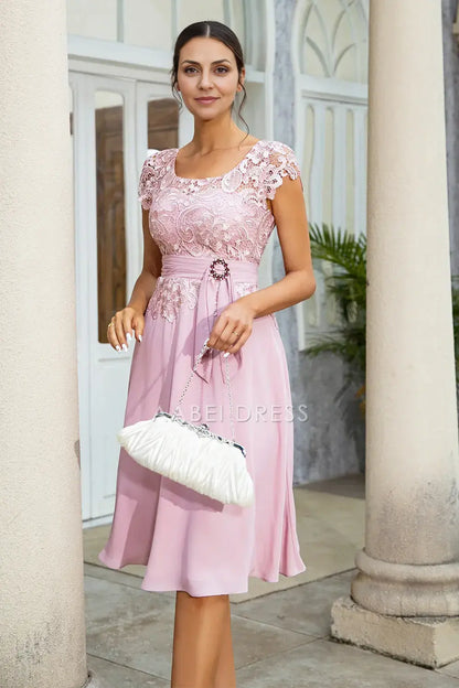 AABEI DRESS Wedding Guests Dresses Mom's Formal Dress Elegant Lace A Line Square Neck Cap Sleeve Chiffon Knee-Length Mother of the Bride Dress