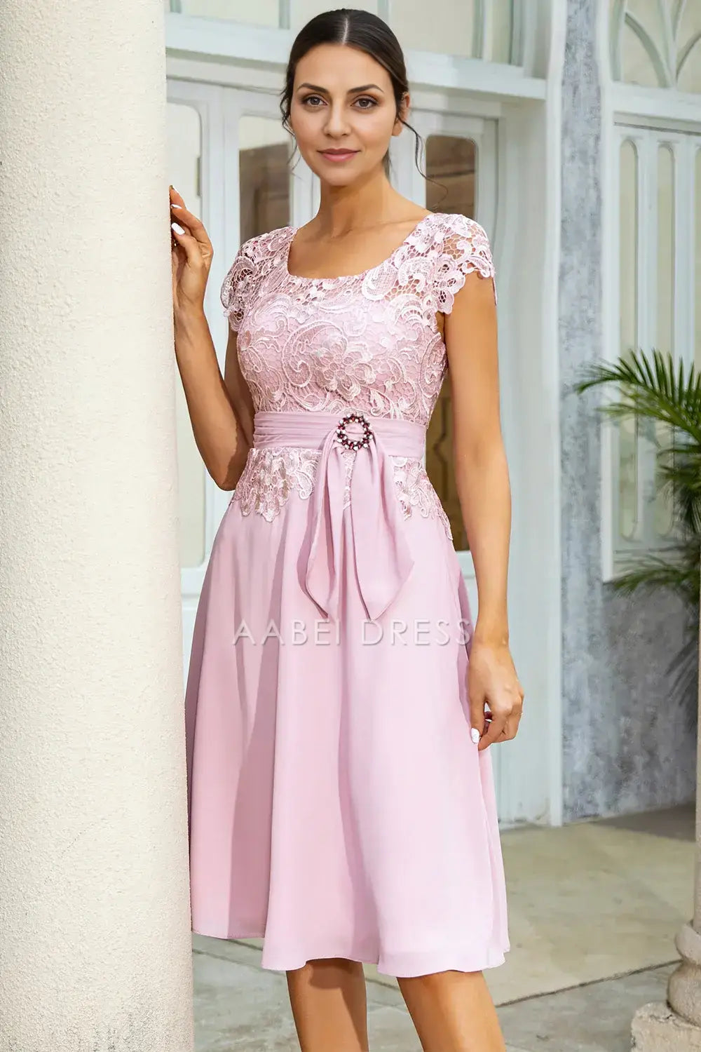 AABEI DRESS Wedding Guests Dresses Mom's Formal Dress Elegant Lace A Line Square Neck Cap Sleeve Chiffon Knee-Length Mother of the Bride Dress