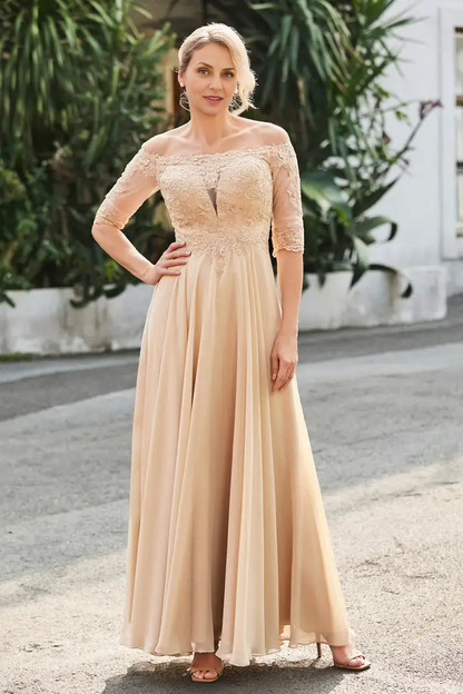AABEI DRESS Wedding Guests Dresses Mom's Formal Dress Exquisite A-Line Off-the-Shoulder Half Sleeves Lace Applique Top Chiffon Ruched Floor-Length Retro Mother of the Bride Dress
