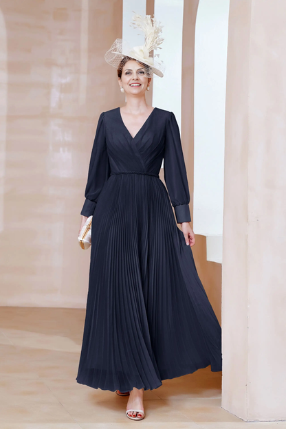 AABEI DRESS Wedding Guests Dresses Mom's Formal Dress Exquisite A-Line V-Neck Long Sleeves Pleated Long Dress Charming Mother of the Bride Dress