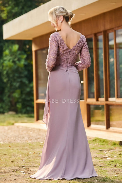 AABEI DRESS Wedding Guests Dresses Mom's Formal Dress Exquisite Sheath V-Neck Long Sleeves Lace Top V Back Chiffon Ruched Sweep Train Retro Mother of the Bride Dress