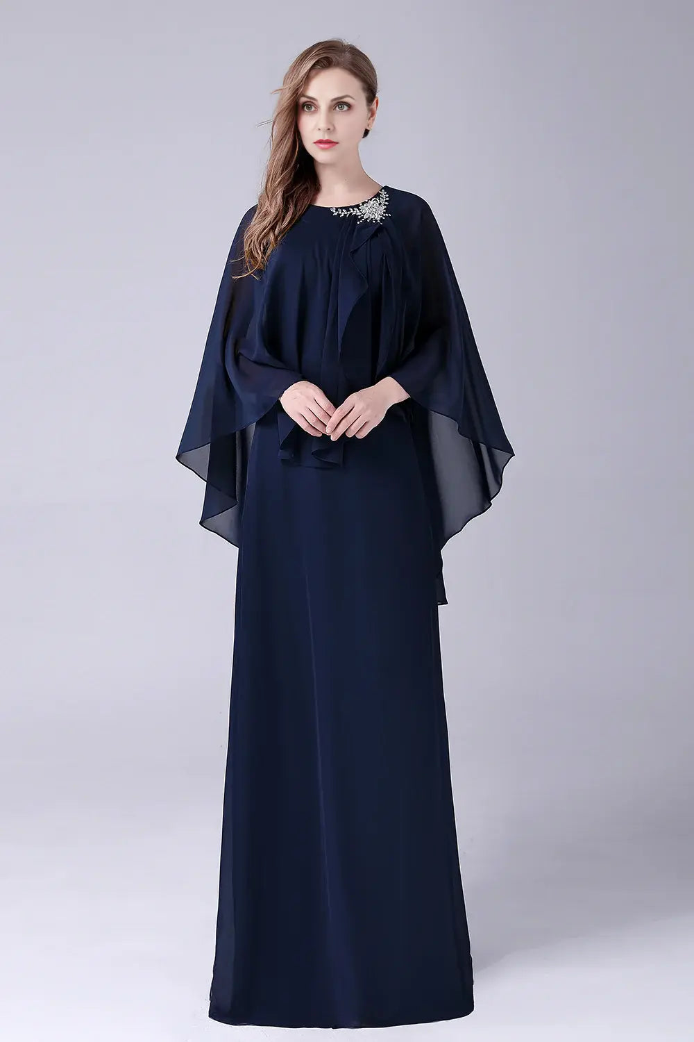 AABEI DRESS Wedding Guests Dresses Mom's Formal Dress Fashion A-Line Scoop Neck Beadwork Chiffon Cloak Flutter Sleeves Elegant Mother of the Bride Dress