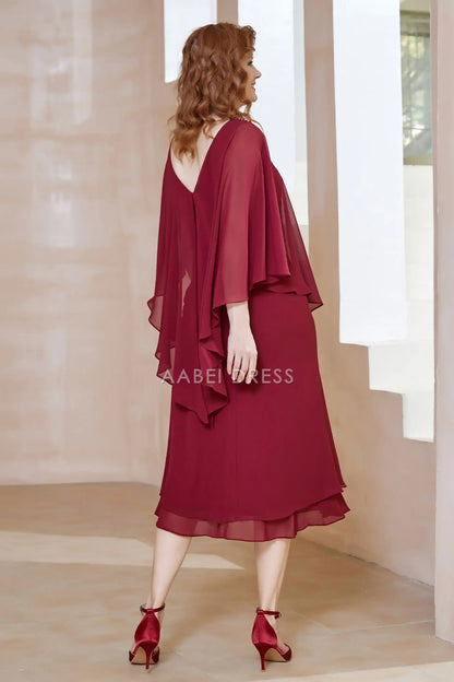 AABEI DRESS Wedding Guests Dresses Mom's Formal Dress Fashion Sheath Beaded V-neck Flutter Sleeves V Back Tea-Length Exquisite Mother of the Bride Dress