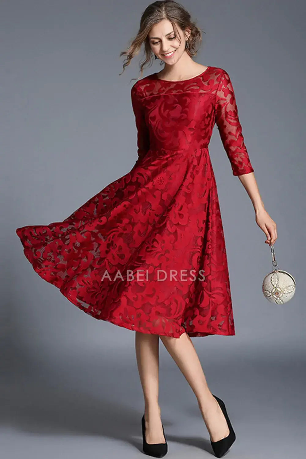 AABEI DRESS Wedding Guests Dresses Mom's Formal Dress Lace A-Line Round Neck 3/4 Sleeves Elegant Retro Mother of the Bride Dress