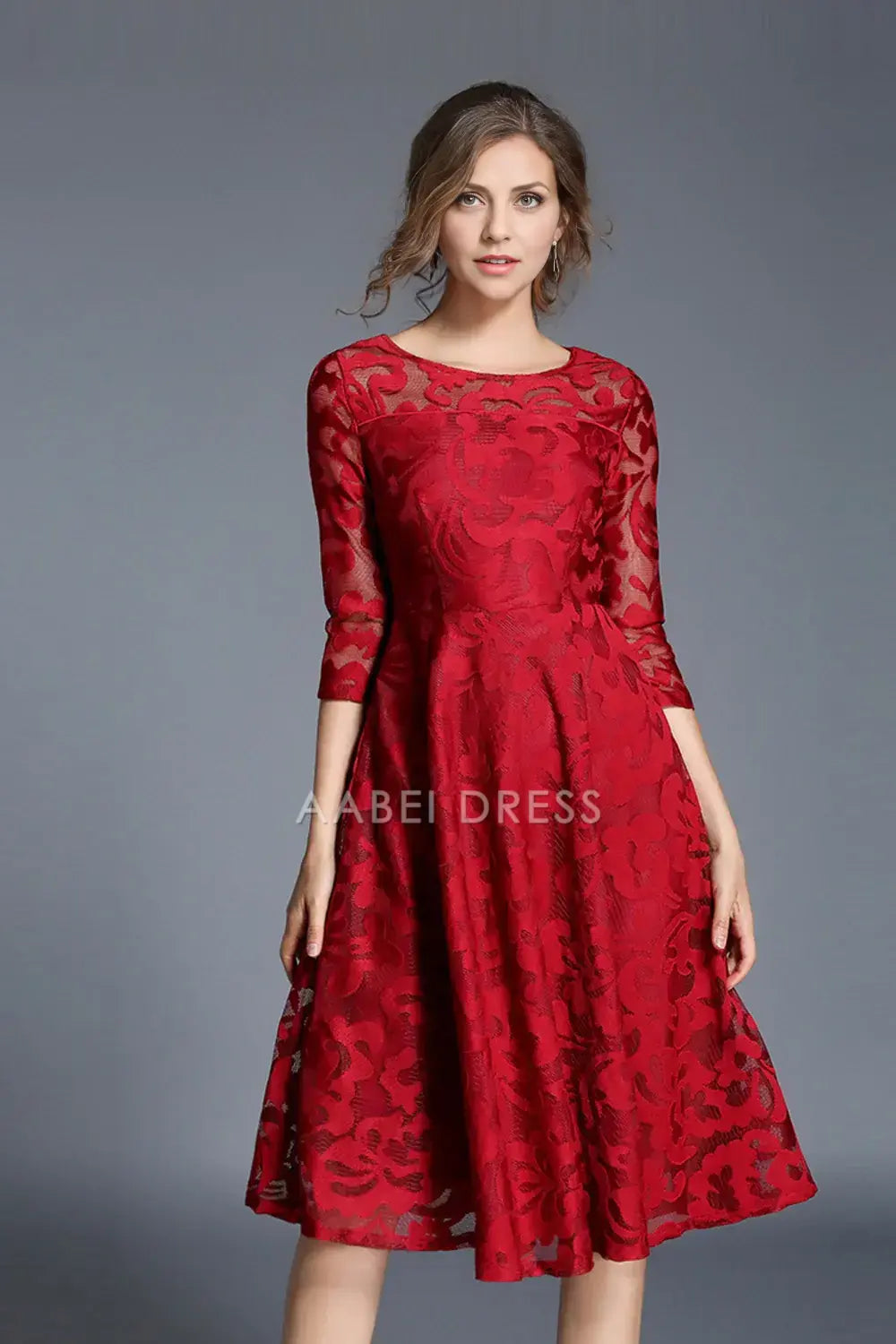 AABEI DRESS Wedding Guests Dresses Mom's Formal Dress Lace A-Line Round Neck 3/4 Sleeves Elegant Retro Mother of the Bride Dress