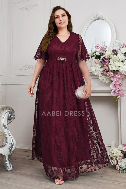 AABEI DRESS Wedding Guests Dresses Mom's Formal Dress Lace A-Line V-Neck Short Sleeves Exquisite Long Plus Size Mother of the Bride Dress