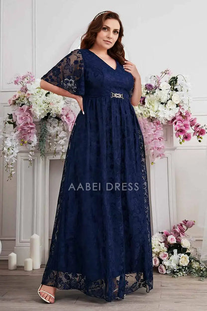 AABEI DRESS Wedding Guests Dresses Mom's Formal Dress Lace A-Line V-Neck Short Sleeves Exquisite Long Plus Size Mother of the Bride Dress