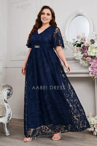 AABEI DRESS Wedding Guests Dresses Mom's Formal Dress Lace A-Line V-Neck Short Sleeves Exquisite Long Plus Size Mother of the Bride Dress
