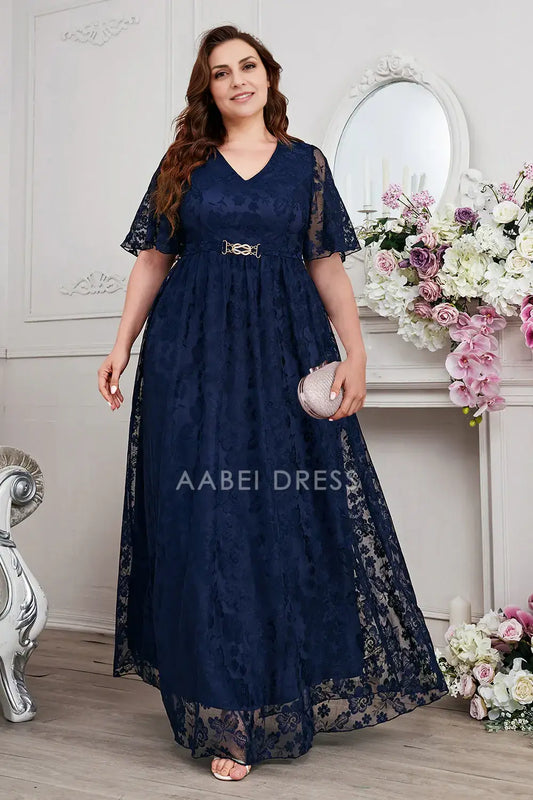 AABEI DRESS Wedding Guests Dresses Mom's Formal Dress Lace A-Line V-Neck Short Sleeves Exquisite Long Plus Size Mother of the Bride Dress