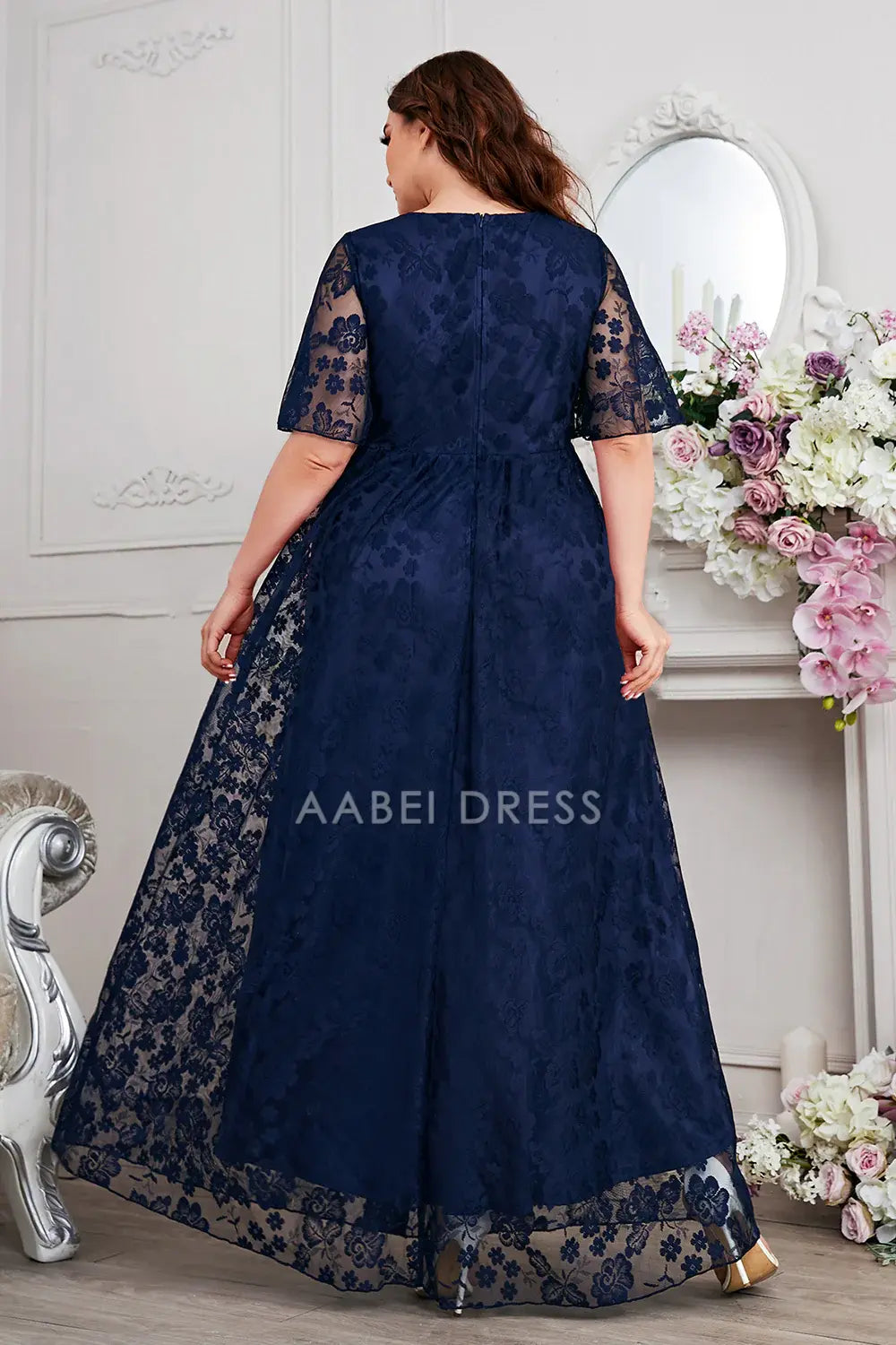 AABEI DRESS Wedding Guests Dresses Mom's Formal Dress Lace A-Line V-Neck Short Sleeves Exquisite Long Plus Size Mother of the Bride Dress