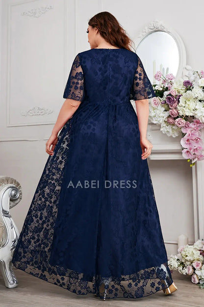 AABEI DRESS Wedding Guests Dresses Mom's Formal Dress Lace A-Line V-Neck Short Sleeves Exquisite Long Plus Size Mother of the Bride Dress