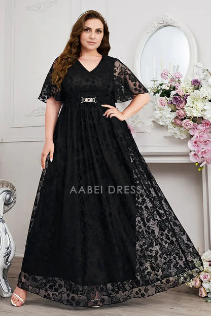 AABEI DRESS Wedding Guests Dresses Mom's Formal Dress Lace A-Line V-Neck Short Sleeves Exquisite Long Plus Size Mother of the Bride Dress
