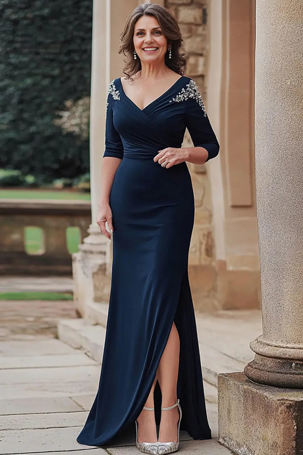 AABEI DRESS Wedding Guests Dresses Mom's Formal Dress Mermaid V-Neck Pleated Half Sleeves Applique with Slit Elegant Long Mother of the Bride Dress