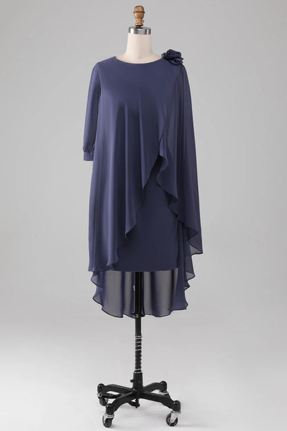 AABEI DRESS Wedding Guests Dresses Mom's Formal Dress Sheath/Column Round Neck 3D Flower Ruched Flutter Chiffon Knee-Length Elegant Mother of the Bride Dress