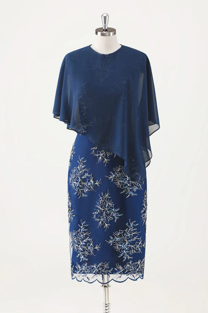 AABEI DRESS Wedding Guests Dresses Mom's Formal Dress Sheath Applique Round Neck Cap Sleeve with Cloak Two-Piece Set Tea-Length Exquisite Mother of the Bride Dress