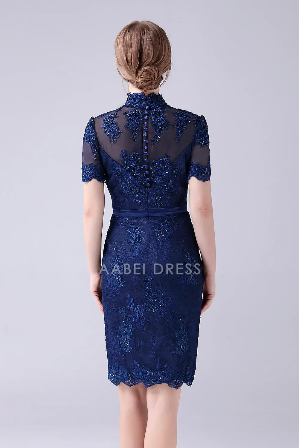 AABEI DRESS Wedding Guests Dresses Mom's Formal Dress Sheath Stand Collar Short Sleeve Beaded With Lace Appliques Knee-Length Exquisite Mother of the Bride Dress