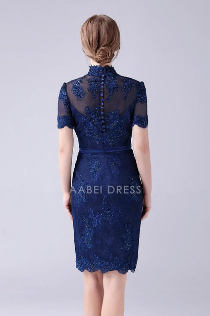 AABEI DRESS Wedding Guests Dresses Mom's Formal Dress Sheath Stand Collar Short Sleeve Beaded With Lace Appliques Knee-Length Exquisite Mother of the Bride Dress