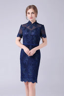 AABEI DRESS Wedding Guests Dresses Mom's Formal Dress Sheath Stand Collar Short Sleeve Beaded With Lace Appliques Knee-Length Exquisite Mother of the Bride Dress