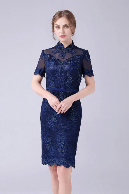 AABEI DRESS Wedding Guests Dresses Mom's Formal Dress Sheath Stand Collar Short Sleeve Beaded With Lace Appliques Knee-Length Exquisite Mother of the Bride Dress
