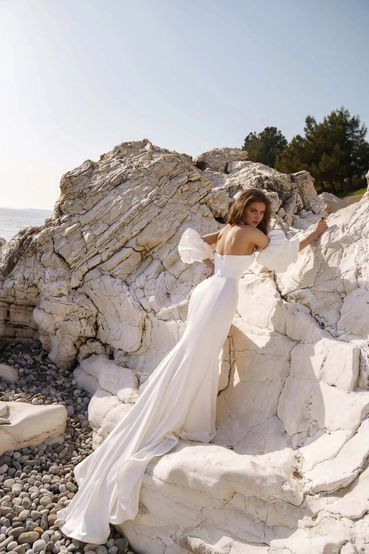 Beach Sheath Strapless Chiffon Split Front Court Train Wedding Dress.