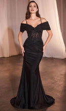 Beaded Mermaid Deep V Off Shoulder Sleeveless Open Back Floor Length Prom Dress