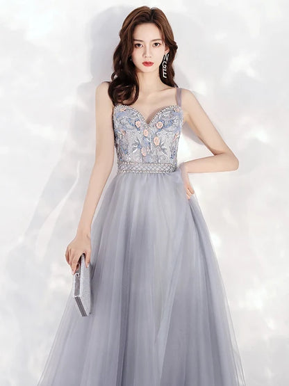 Grey Spaghetti Strap Sweetheart Tulle Prom Dress Floral Beaded A Line Gown