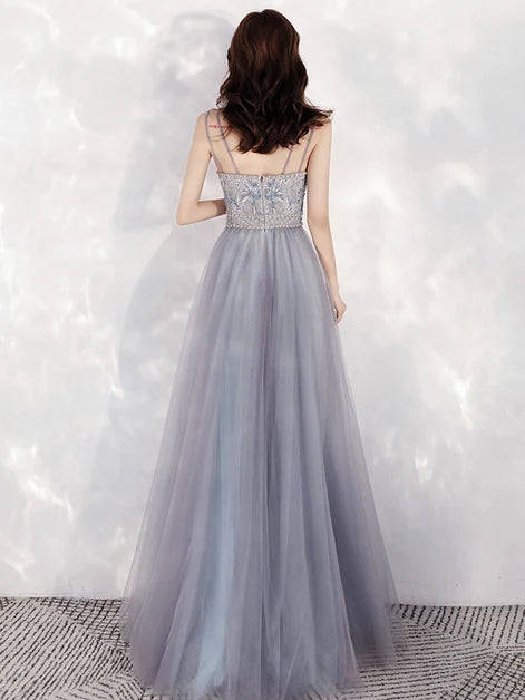 Grey Spaghetti Strap Sweetheart Tulle Prom Dress Floral Beaded A Line Gown