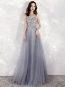 Grey Spaghetti Strap Sweetheart Tulle Prom Dress Floral Beaded A Line Gown