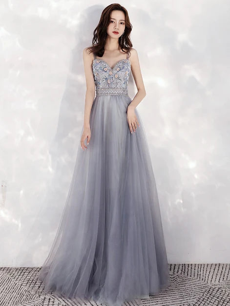 Grey Spaghetti Strap Sweetheart Tulle Prom Dress Floral Beaded A Line Gown