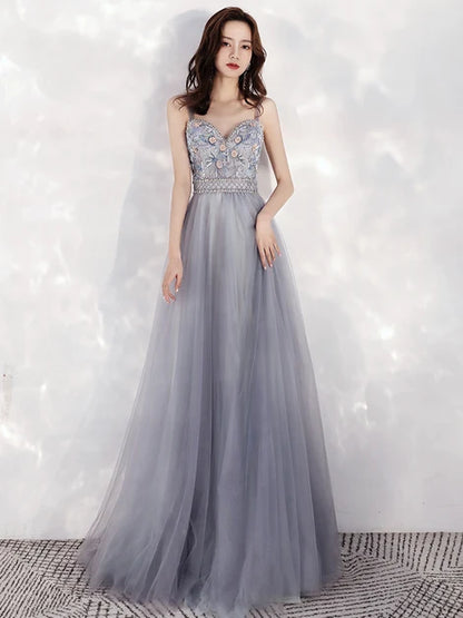 Grey Spaghetti Strap Sweetheart Tulle Prom Dress Floral Beaded A Line Gown