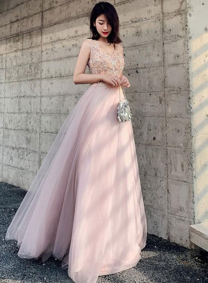 Dusty Pink Sleeveless Tulle Prom Dress V Neck Beaded Lace Appliques A Line