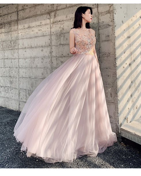 Dusty Pink Sleeveless Tulle Prom Dress V Neck Beaded Lace Appliques A Line