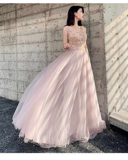 Dusty Pink Sleeveless Tulle Prom Dress V Neck Beaded Lace Appliques A Line