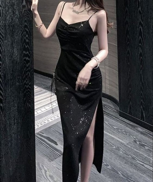 Black Sparkle Ruched V-Neck Slit Maxi Evening Dress