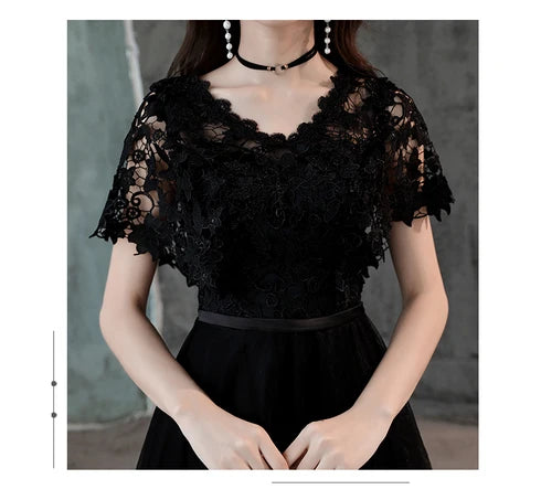 Black V Neck Lace Short Sleeve A Line Tulle Evening Dress
