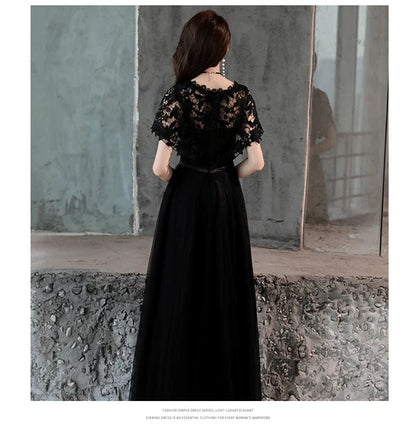 Black V Neck Lace Short Sleeve A Line Tulle Evening Dress