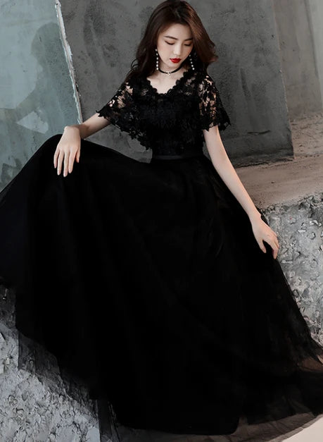 Black V Neck Lace Short Sleeve A Line Tulle Evening Dress