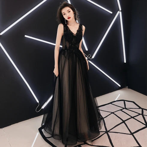 Black V Neck 3D Floral Lace Tulle A Line Prom Dress